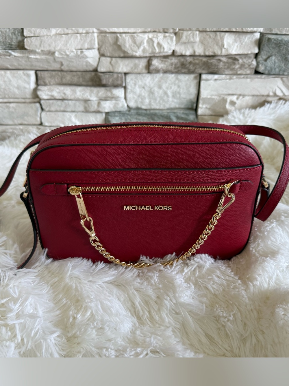 Michael Kors Red Saffiano Crossbody with Gold Chain